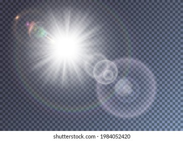 Bright white vector sun with lens flare effect. Colorful realistic glimpes and halo. Hot summer day illustration