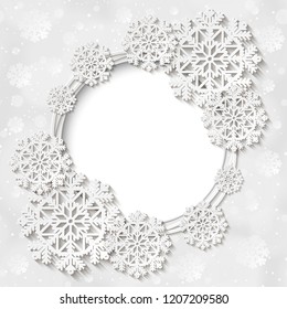 Bright white winter round frame with snowflake decoration. Vector illustration