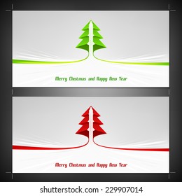 bright wide format christmas card template with green and red ribbon stripe as xmas tree modern design with crop marks