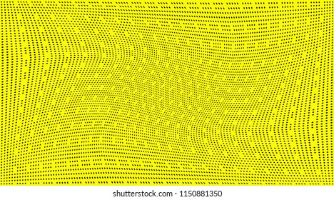 Bright wide geometric yellow black halftone pattern. Soft dynamic lines. Abstract vector illustration with dots. Modern polka dots background