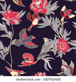 Bright wide vintage seamless background pattern. peony, with humming birds around. Stylized on dark color. Abstract, hand drawn, vector - stock.