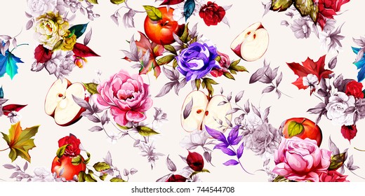 Bright wide vintage seamless background pattern. Rose, peony, poppy with humming birds around. Stylized on white. Abstract, hand drawn, vector - stock