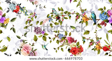 Bright wide vintage seamless background pattern. Rose, peony, poppy with humming birds around. Stylized on white. Abstract, hand drawn, vector - stock.