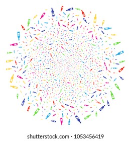 Bright Wine Bottle burst cluster. Vector globula fireworks organized from scattered wine bottle items. Multicolored Vector abstraction.