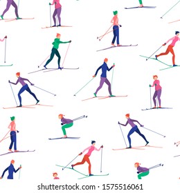 Bright winter background with skiers. Cross-country skiing. Active sports in  winter outdoors.