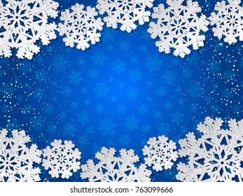 Bright winter blue paper cut out background with snowflake decoration. Vector illustration