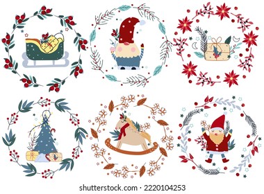 Bright Winter compositions with rocking horse in vintage style, funny gnome, cute Santa, Christmas wreath and other. Perfect for greeting cards, poster, postcard, banner. Vector
