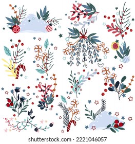 Bright Winter flowers compositions, poinsettia, cotton, mistletoe, holly, pine branch, colorful leaves and other. Concept Christmas and New Year. Vector.
