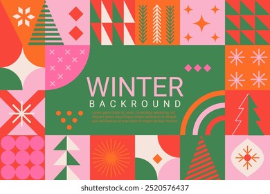 Bright winter geometric banner in flat style. Geometry minimalistic design with simple shapes and winter symbols, snowflake, christmas tree for flyer,web,poster,templates,cover design, label.Vector