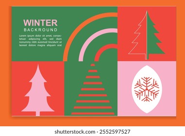 Bright winter geometric banner in flat style. Geometry minimalistic design with simple shapes vector