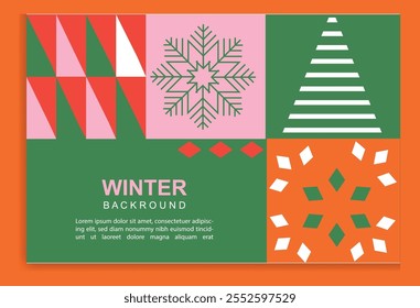 Bright winter geometric banner in flat style. Geometry minimalistic design with simple shapes vector