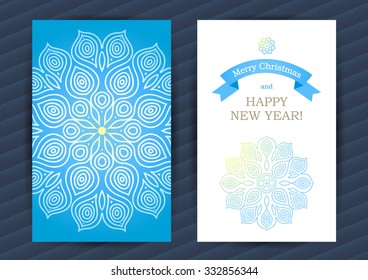 Bright Winter Holidays cards with large snowflake. Place for text. Template frame design for banner, placard, invitation. December vector background. Concept Christmas and Happy New Year backdrop.