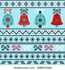 Bright winter holidays horizontal seamless pattern with christmas bells and traditional ornament. Great for fabric, wallpaper, wrapping paper.