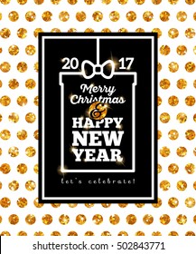 Bright Winter Holidays Poster with Gold Polka Dots Pattern and Frame. Gift with Merry Christmas and Happy New Year Greetings. Vector Illustration. Typography Template for Text