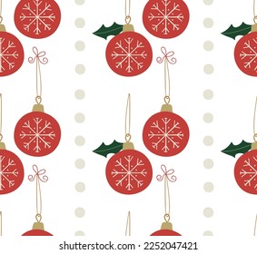 Bright winter holidays seamless pattern. Big red balls with snowflakes and holy leaf. 