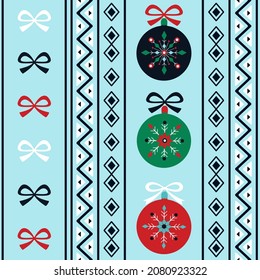 Bright winter holidays vertical seamless pattern with christmas balls and traditional ornament. Great for wallpaper, packaging, fabric, scrapbooking.