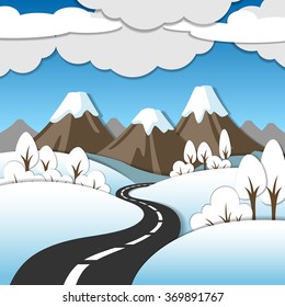 Bright winter mountain cartoon landscape with a road in a flat style