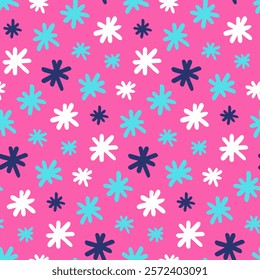 Bright winter pattern with snowflakes. Handwritten snow flakes on neon pink background. Seamless texture for snowy wallpapers. Winter print for baby's fabric, textile, puffy snow boots, quilted coats.