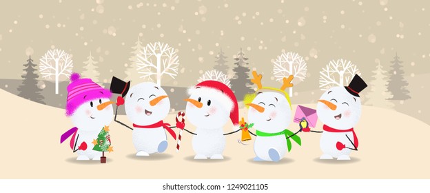 Bright winter poster design with cartoon company. Poster with cartoon Santa Claus riding on deer on white background. Can be used for programs, postcards, invitations