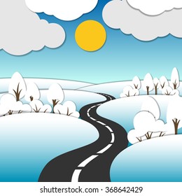 Bright winter rural cartoon landscape with road, fields and hills