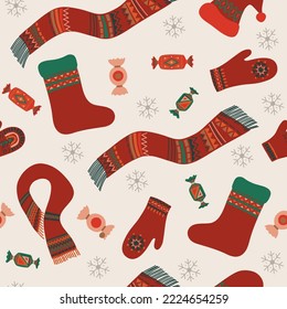 Bright winter seamless pattern,  candies, sweets, boots, scarf, mittens, white background, hand drawn, vector