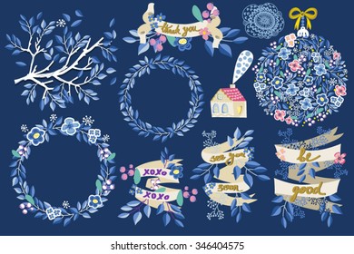 bright winter set of wreathes and templates for design