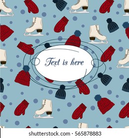 Bright winter skating template with colorful hats, skates and knitted mittens and frame in the center. Could be used for invitations or cards and other products.