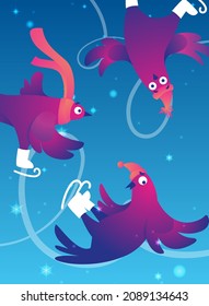 Afiche vertical brillante de invierno con palomas divertidas. Cartel de la fiesta de Navidad. Personajes divertidos palomas en patines. Las palomas están patinando en la pista de hielo. Ilustración vectorial de vacaciones. Patrones en el hielo.