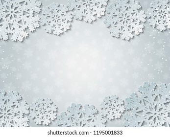Bright winter white paper cut out background with snowflake decoration. Vector illustration
