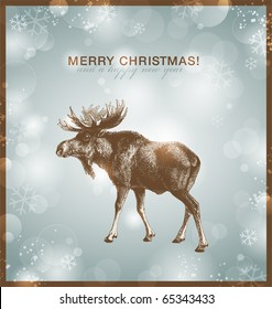 bright winter/christmas background or card with moose against a snowy blurred background