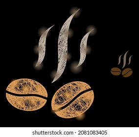 Bright wire frame coffee beans smell with glowing spots on a black background. Bright vector mesh based on coffee beans smell glyph, with linear mesh and light spots.