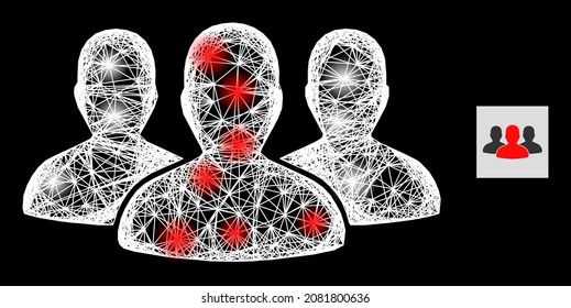 Líder del marco de alambre brillante hombres grupo icono con manchas brillantes y malla blanca sobre un fondo negro. Malla vectorial brillante creada a partir del icono de grupo de hombres líder, con red blanca lineal y puntos de luz aleatorios.