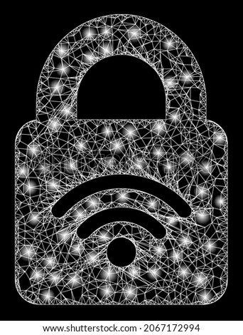 Bright wire frame locked Wi-Fi with light spots. Vector frame generated from locked Wi-Fi icon, and from crossing lines. Glossy frame polygonal locked Wi-Fi on a black background.