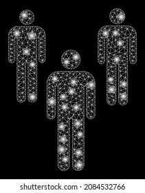 Bright wire frame men icon with light spots on a black background. Light vector structure based on men picture, with polygonal mesh and random light spots.