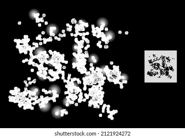 Bright wire frame particle swarm with light spots on a black background. Light vector structure is based on particle swarm symbol, with linear mesh and light spots.