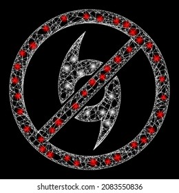 Heller Draht-Rahmen-Stopp-Zyklon mit Lichtpunkten. Vektorbild, erstellt aus Stopp-Cyclone-Symbol und mit gekreuzten Linien. Flare Rahmen polygonal Stopp-Zyklon auf schwarzem Hintergrund.