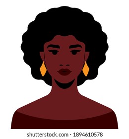 Bright woman portrait - young black woman with afro hairstyle. Beautiful female face and shoulders. Girl from America, Africa or Brazil. Calm look without emotion. Flat style vector avatar.