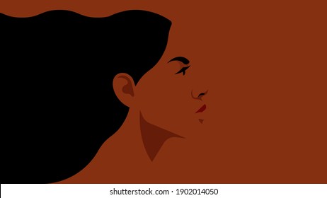 Bright woman portrait - young black woman with long hair. Beautiful female face side view. Girl from America, Africa or Brazil. Flat style vector avatar.