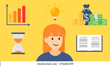 A bright woman is thinking about business, time, leaning and money, vector, illustration