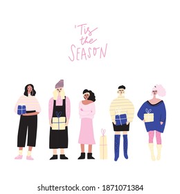 Bright women with gift boxes. Vector hand drawn illustration