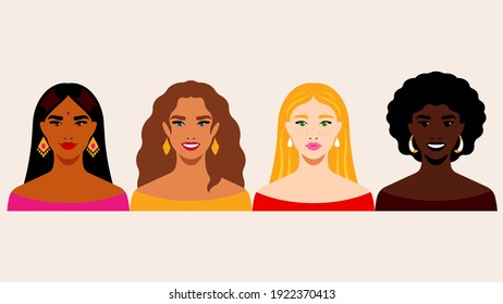 Bright Women - group of women different cultures. Diversity of beauty, skin color, hair. Concept of women's rights, equality, feminism. Multi-ethnic four women: Indian, Brazil, Latin, Slavic. 