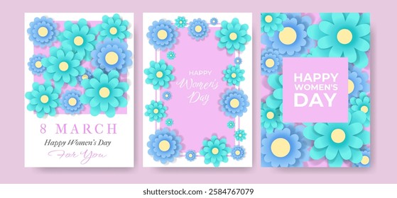 Bright Women's Day Greeting Card or Banner set with Paper cut Colorful Flowers. 8 March International Holiday Templates for Poster, Cover, Label, Sales. Vector Modern Poster with Trendy Typography.