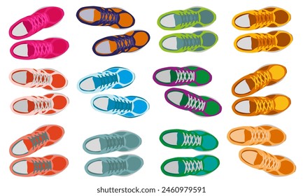 Bright women's sneakers. Cool men's sneakers. Flat women's and men's shoes isolated on white background