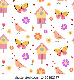 Bright wooden birdhouse, birds and flowers seamless pattern. Handmade wooden house for birds. Crafted homes. Background, backdrop, wrapping paper, digital paper.