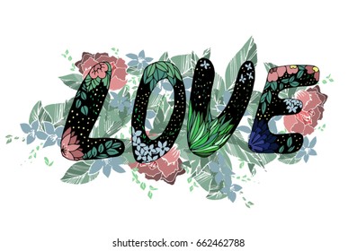 Bright Word Love in Flowers
