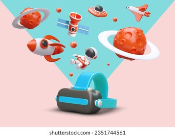 Bright world of virtual reality. VR glasses, space metaverse. 3D rocket, shuttle, astronaut, planet, satellite, UFO. Digital entertainment. Advertisement of gadgets. Poster for VR club