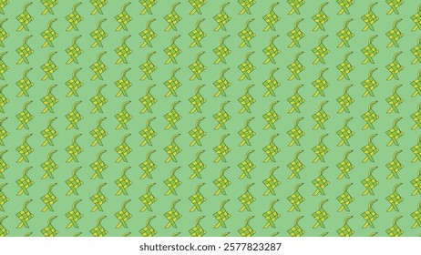 Bright woven ketupat designs repeated in a seamless pattern on a vibrant green backdrop, evoking themes of tradition, culture, and celebration.