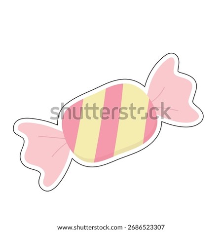 Bright wrapped candy with diagonal stripes and flared ends. Ideal for children’s designs, festive decor, sticker sets, or sweet-themed visuals. Simple cartoon style, isolated on white.