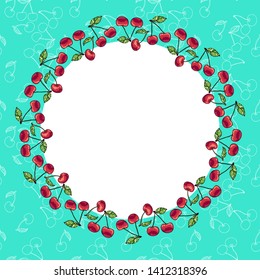 Bright wreath of berries and cherry leaves. Three-dimensional image of cherries. The contour of the cherry. Layered vector file. For cards, invitations, brochures, business cards, restaurant menu.