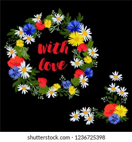 bright wreath and border corner of wild flowers on a black background with love
